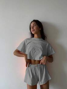 Bộ 2 quần short ống rộng thể thao đi biển cổ tròn tay ngắn xẻ tà mềm mại thoải mái dành cho nữ, phù hợp mặc ở nhà - màu trắng ngà - Xem 5