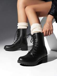 Women's Lace-Up Combat Boots Mid-Calf Militarys Classic And Stylish Winter Festival Christmas Black Boots - 黑色 - 查看 4