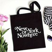 New York Or Nowhere Tote Bag - Large NYC Slogan Design, Reusable Shopping Bag, Durable Beige And Black Unisex Daily Bag, Machine Washable - Perfect Gift For New York City Lovers, Reusable Shopping Bag, Casual Multifunctional Bag, Urban Style, Sturdy Structure, Exclusive For -Friendly Shoppers, Reinforced Handles, -Friendly Buyers - 黑色 - 查看 2