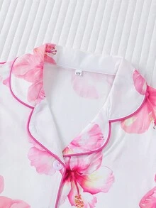 2件組少女花卉印花睡衣套裝，25025新款翻領開襟長袖上衣與長褲，日常時尚家居服，適合假期派對與休閒穿著，粉色植物花卉圖案，少女居家服 - 白色 - 查看 3
