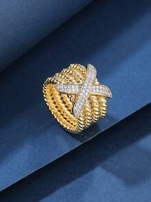 One Fashionable Copper Material Gold-Colored Twisted Letter X Design Unisex Ring Decorated With For Women - Yellow Gold - View 17