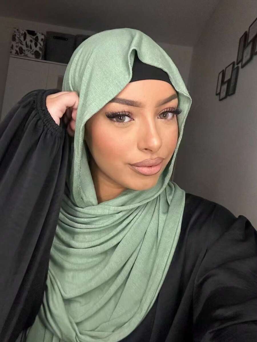 1pc Soft Solid Color Jersey Hijab, Silk Blend Scarf, Muslim Headscarf For Dress - Green - View 1