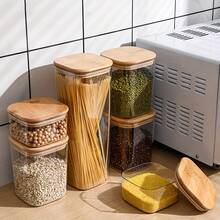 1pc Square Plastic Sealed Jar - Physical Container With Wooden Lid Multifunctional Food Storage Jar, Moisture-Proof And Insect-Proof Storage Box, Three Sizes, Sturdy, Leak-Proof, Moisture-Free Storage Of Coffee Beans, Tea, Pasta, Flour, Sugar, Nuts, Sweets, Bath Salts - The Perfect Home Kitchen Item For Organizing Pantries And Countertops - Clear - View 4