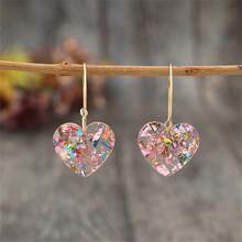 Vintage Pink Love Heart Drop Earrings Bohemian Retro Resin Sequin Heart Drop Earrings Multicolor Glitter Dangle Earrings Jewelry Gift For Women - 粉色 - 查看 5