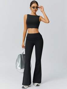 NcmRyu 1 Set Women's Fashion Solid Color Minimalist Casual Versatile Fitness Yoga Running Exercise Tank Top And Pants Sports Suit - 黑色 - 查看 9