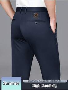 Men's Breathable Soft Straight Leg Casual Pants, Loose Minimalist Design, Classic Business Formal Trousers, Solid Color Stretch Fabric, Elegant Luxury Style For Spring/Summer - Navy Blue - View 4