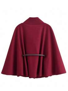 Christmas & Winter Women's Fashion Elegant Elegant Short 3/4 Sleeve Stand Collar Loose Wool Blend Poncho Coat With Belt, Suitable For Valentine's Day - Red - View 5