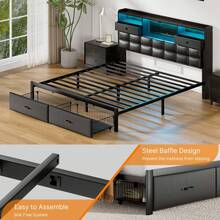 GREENSTELL Modern Upholstered Bed Frame ,Twin/Full/King/Queen Size Bed Frame ,With Storage Drawers & USB Charging Station , Storage Upholstered Headboard X LED Lights ,Duty Metal Slats ,Noise-Free,Easy Assembly - 黑色 - 查看 5