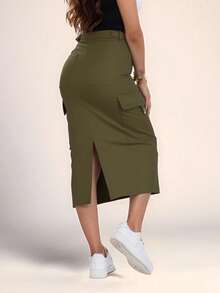 Falda midi estilo cargo con bolsillos laterales, look casual elegante para primavera, verano y otoño - Verde militar - Ver 3