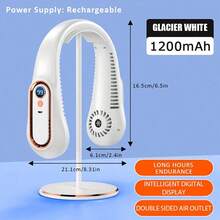 1pc Rechargeable Adjustable Neck Fan, Wearable Fan, Portable Cooling Fan With LED Digital Display, 1200mAh Battery Capacity, 5 Wind Speed Levels, 3 Color Options - White - View 12