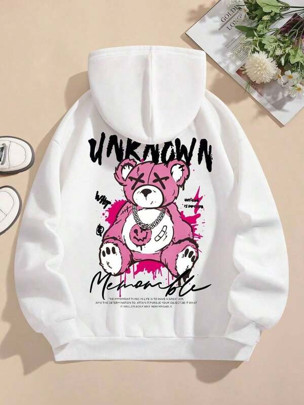 Sudadera con capucha para mujer  con estampado de oso de dibujos animados. Lo más importante en la vida es tener un gran objetivo y decidir firmemente alcanzarlo. Persigue tu objetivo, sea cual sea, con determinación y perseverancia inquebrantables. Camisa de manga larga.