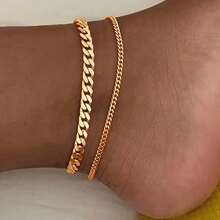 2pcs Chic Women'S Anklet Set - Stainless Steel Double Layer Cuban Chain, Perfect For Daily Wear & Vacation - Vàng - Xem 1