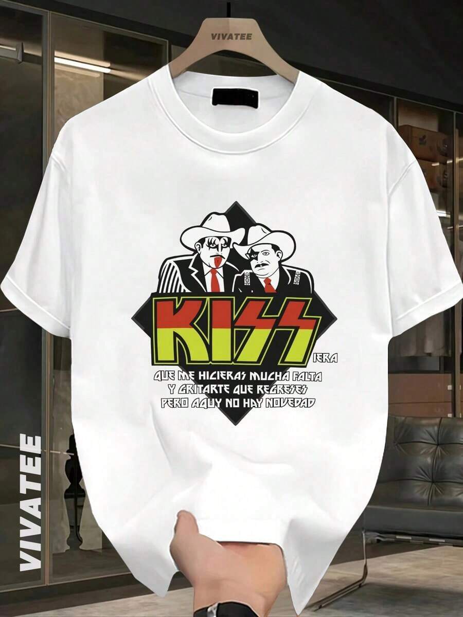 Camiseta Sólida Negra con Estampado Gráfico de la Banda KISS - Ropa Casual Diaria para Hombres y Mujeres, Tejido 100% Algodón, Diseño Unisex, Perfecta para el Verano 2025, Regalo Ideal para Uso Diario, Top Cómodo y Elegante para Todas las Ocasiones - Blanco - Ver 1
