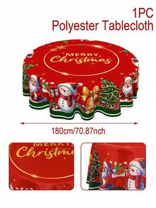 1Pc Christmas Tablecloth, Merry Christmas Table Cover With Snowman, Santa Claus, Christmas Tree, Bell And Snowflake Design, Diameter 150/180cm Polyester Round Tablecloth, Merry Christmas Decor, Christmas Party Supplies, Christmas Decoration, Xmas Decor, Christmas Decorations For Home - Multicolor - View 7