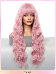 TOPSHE Halloween Kostüm 28-Zoll rosa Perücke mit langen lockigen Haaren und Pony, hitzebeständige synthetische Perücke für Frauen, speziell geeignet für Halloween, Partys, Cosplay