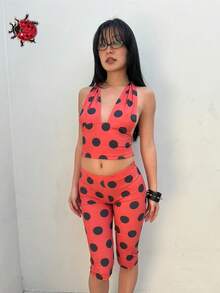 Women Ladybug Costume Cosplay Set Screen Printing Jumpsuit Halloween Accessories Ladybug Dress Up Set Halloween Cosplay Party Slim Fitted Halter Neck V-Hneck Crop Top + Shorts 2 Pieces Set - 紅色 - 查看 4