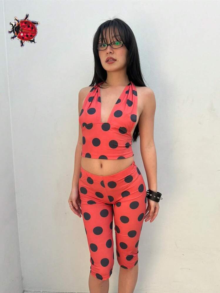 Women Ladybug Costume Cosplay Set Screen Printing Jumpsuit Halloween Accessories Ladybug Dress Up Set Halloween Cosplay Party Slim Fitted Halter Neck V-Hneck Crop Top + Shorts 2 Pieces Set - 紅色 - 查看 4