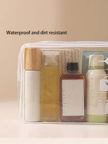 1 pieza Nueva bolsa de aseo transparente de PVC de gran capacidad, bolsa de maquillaje portátil y resistente al agua para viajes, gimnasio, natación, organizador transparente ultra organizado que cabe cosméticos, artículos de tocador, cuidado de la piel, dental, cuidado del cabello, artículos esenciales para dormitorio, ligero, construcción duradera, bolsillos de malla de fácil acceso, cierre con cremallera, amigable para viajar, multicompartimento, diseño transparente para revisión rápida, protección a prueba de fugas, portátil para uso diario - Blanco transparente - Ver 2