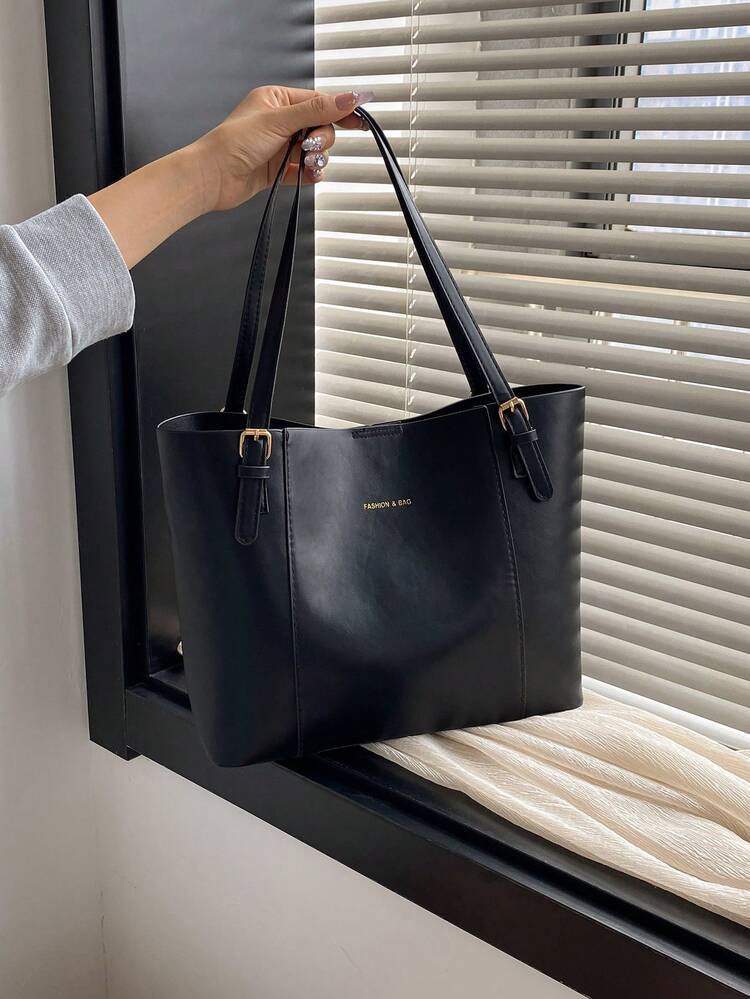 Bolso de tote de gran capacidad en color negro para mujeres, bolso de hombro minimalista de piel de PU con cierre de hebilla, bolso de trabajo y de uso diario adecuado para la oficina, la escuela y las compras - Negro - Añade 1