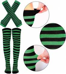 Tongcloud Women's Striped Knee High Socks, Over Knee Thigh High Socks, Arm Warmer And Fingerless Gloves SetHalloween Christmas New Year - 黑色和綠色 - 查看 3