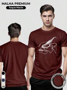 Men's 100% Cotton T-Shirt With Guitar Print - 紫紅色 - 查看 2