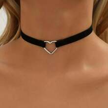1pc Elegant Heart Choker - Black Velvet & Leather Adjustable Necklace, Gothic Layered Jewelry For Women - Back To School Style Upgrade - 黑色 - 查看 1