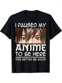 Men Plus Size  Men Anime Graphic T-ShirtI Paused My Anime To Come Here Black Cotton T-Shirt Manga Design Casual Comfortable For All Seasons  Big Men Size L-3XL 4XL 5XL - 黑色 - 查看 1