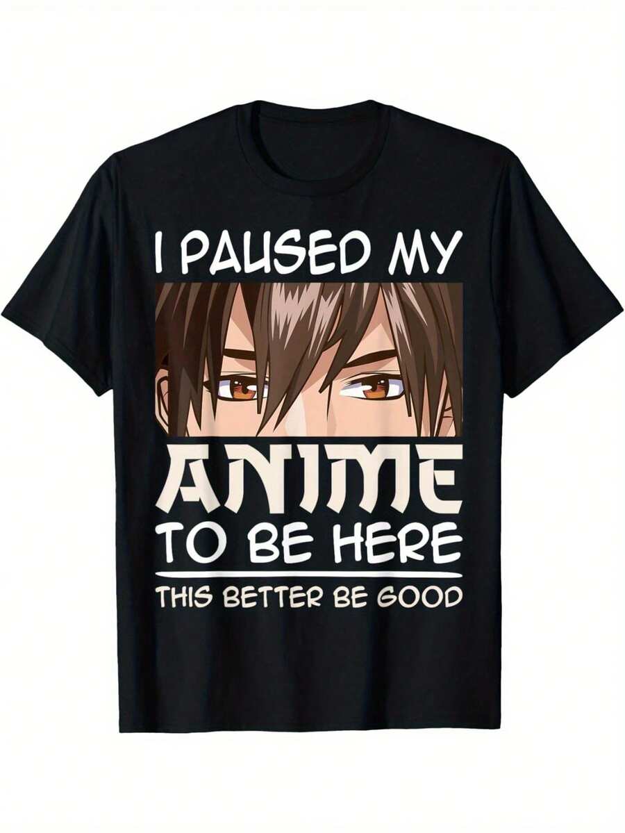 Men Plus Size  Men Anime Graphic T-ShirtI Paused My Anime To Come Here Black Cotton T-Shirt Manga Design Casual Comfortable For All Seasons  Big Men Size L-3XL 4XL 5XL - 黑色 - 查看 1