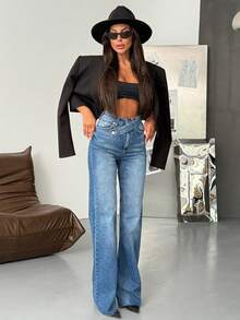 SQUALO Women's Wide Leg Color With Pocket Details Destroyed Retro Washed Street Style Jeans Ripped And Cutout Wide Leg Jeans - Periwinkle Blue - View 3