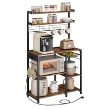 Küchenregal, Standregal mit Steckdosen, Kaffeebar, Bäckerregal, 8 S-Haken, mit Korb, Gewürzregal - Braun - Übersicht 3