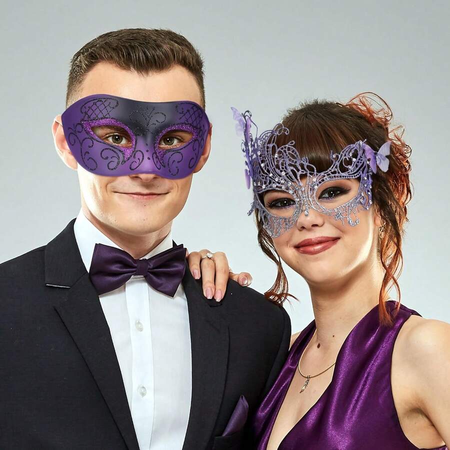 Couple Masquerade Masks Set - 2 Pcs Mysterious Lace Mask Vintage Antique Eyemasks For Men Women Mardi Gras Prom Ball,12709335 - Màu tím - Xem 1