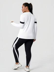Conjunto deportivo de top con cuello con cremallera y contraste de color y leggings para mujer talla grande - Blanco y Negro - Ver 9