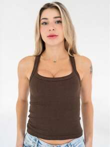 Kit Of 3 Women's Ribbed Cotton And Elastane Tank Tops - 棕色 - 綠色 - 白色 - 查看 9