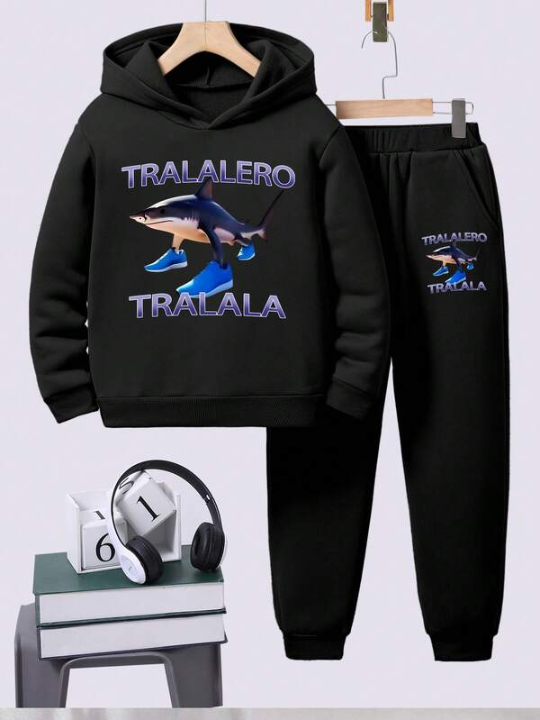 Tween Boy Cartoon Print Warm Hoodie And Sweatpants Set