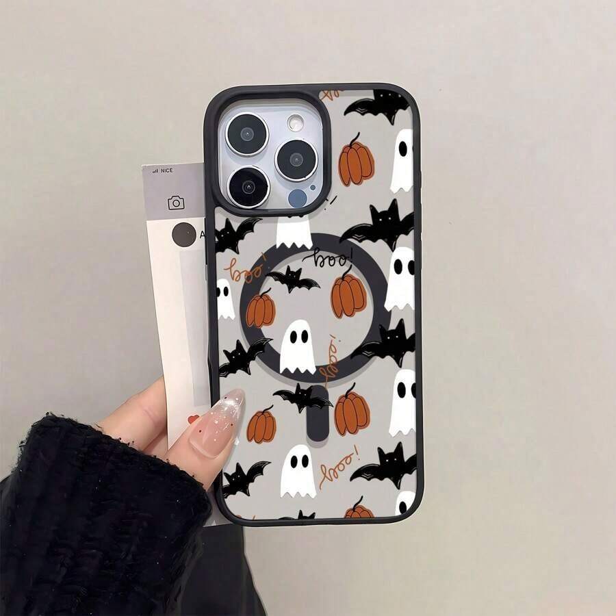 Funda para teléfono con diseño de fantasmas y murciélagos para Halloween, compatible con phone 16, 15, 14 Pro, 13, 12, 11, XR y XS Plus. Fabricada en silicona TPU, ofrece protección contra golpes y caídas, y tiene un tacto muy agradable. Es ideal para familiares, amigos y seres queridos. - Negro - Ver 1