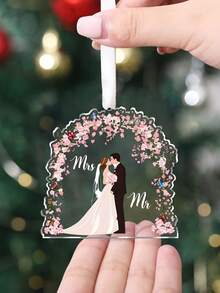 1pc Just Married Wedding Ornament,First Year As Mr And Mrs ,Romantic Couple Gift,A Bride And Groom Kissing Under A Floral Arch, Christmas Tree Hanging Decorations, Christmas Anniversary Wedding Gifts, Acrylic Hanging Signs With Ribbon For Weddings Reception Decorations And Event Party Home Decor Christmas Decorations Room Decor