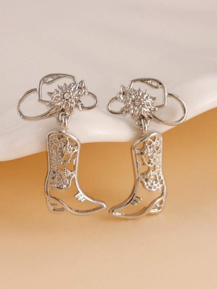 2pcs Western Cowboy Hollow Boot Earrings, Fashionable & Unique For Daily Wear And Festivals - Boots Earrings - View 1