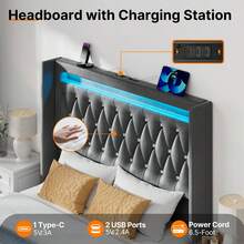 GREENSTELL Modern Platform Bed Frame ,Twin/Full/King/Queen Size Bed Frame With Upholstered High Headboard & Footboard, Heavy Duty Wood Slats ,With LED Lights & USB Charging Station ,Easy Assembly,Bedroom - Xám - Xem 3