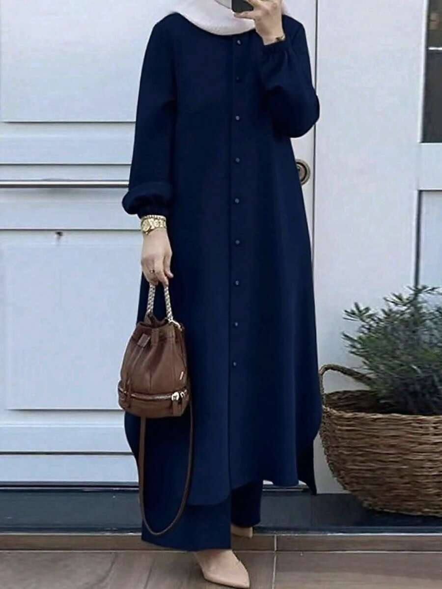 女款秋季優雅純色兩件套，鈕扣燈籠袖側開衩長外套與寬腿褲，可愛休閒四季穿搭