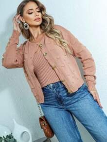 Winter Coat Knitted Cold Weather Blouse Cardigan Style Casual Party Knitwear Women's Clothing - 米色 - 查看 1