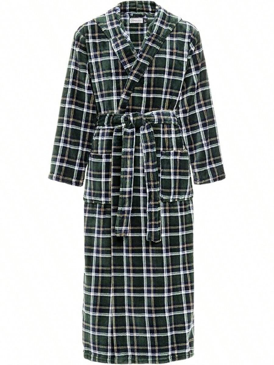 Mens Robe With Hood, Plush Fleece Hooded Mens Bathrobe, Big And Tall Bath Robe For Menhalloween - Hunter Green Plaid - View 1