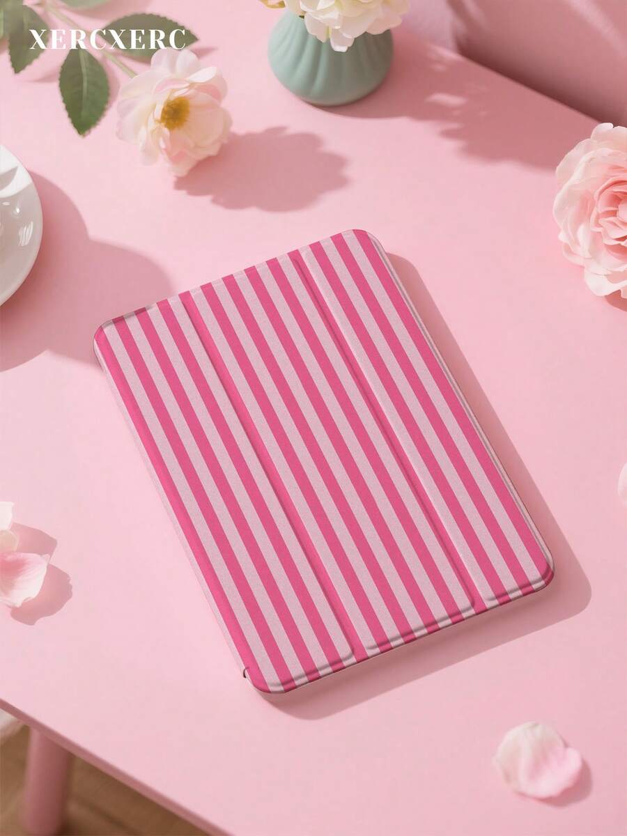 xercxerc Pink Vertical Stripes Pattern PU Leather Flip Cover With TPU Soft Back, 3-Fold Stand, Pencil Slot, Shockproof Drop-Resistant, Auto Wake Sleep For IPad Pro 12.9/11/10.9 (2025/2024), IPad Air 10.9/10.5, IPad Mini 8.3,  Galaxy Tab S10+/S9+/S9/S8+/S8/S7 FE/A9/A8/A7+ - 粉色 - 查看 1