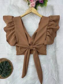 Cropped Blouse With Padding And Tied At The Back, Women's Fashion - Marrón - Ver 2