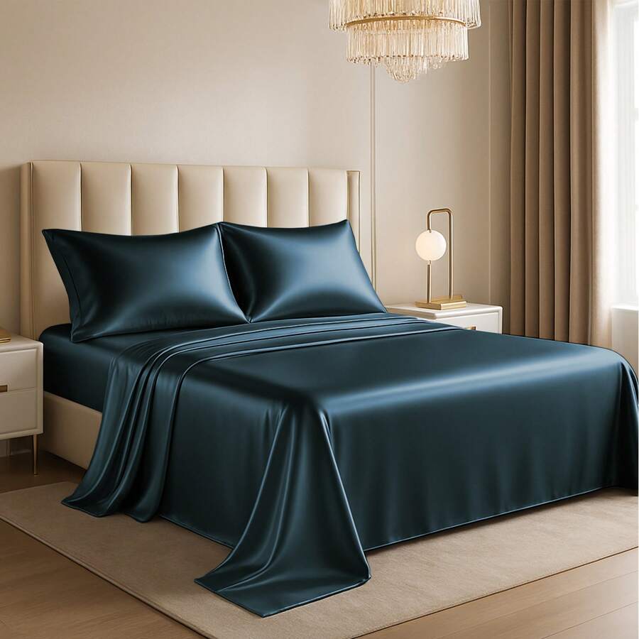 4-Piece Satin Sheet Set Lux Décor Polyester Silky Soft & Breathable – Deep Pocket Fitted Sheet For Home Decor- Graduation Gifts, Home Decor, Sleep Protection For Dorms, Student Beds, Back-To-School Gift, Valentine's Day Bedroom, Spring Bedding Refresh, Guest Room Essentials, Dorm Room Bedding, Premium Bed Linens, Easy Care Sheets, Hypoallergenic Fabric, Year-Round Comfort, Master Bedroom Update, Matching Bedding Set, Hotel Quality Linens, Wrinkle-Free, Cooling Touch, Modern Style - 藏蓝色 - 查看 1