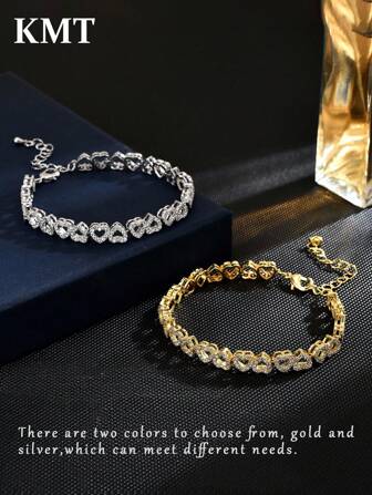 KMT 1pc Luxury Copper Zirconia Heart Shaped Fashion Women Bracelet, Gift Box Valentines,Mom,Mother,Mother's Day,Gift