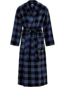 Mens Robe With Hood, Plush Fleece Hooded Mens Bathrobe, Big And Tall Bath Robe For Menhalloween - Blue Buffalo Check Plaid - View 1