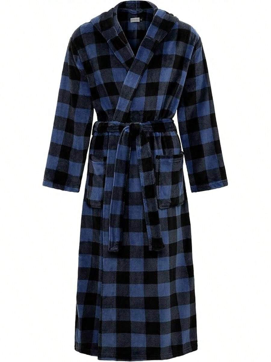 Mens Robe With Hood, Plush Fleece Hooded Mens Bathrobe, Big And Tall Bath Robe For Menhalloween - Blue Buffalo Check Plaid - View 1