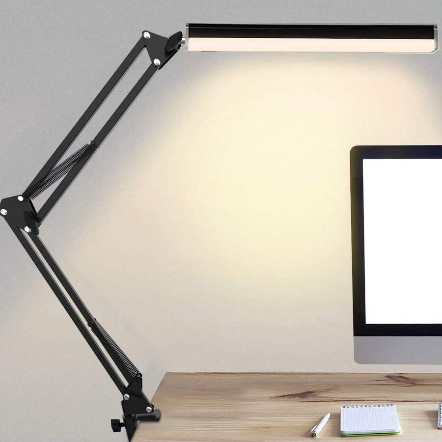 Salandens Lampara de Escritorio, Lampara de Mesa Con Brazo Flexible de 360°, Lampara Led Con 3 Luces Regulables, Blanca, Cálida y Blanca Cálida - Negro - Ver 1