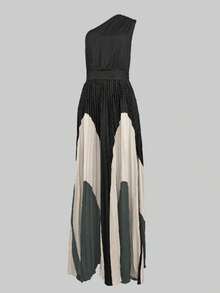 Women Fashion Printed Elegant Evening Maxi Dresses 2025 New Summer Asymmetric Sleeveless One-Shoulder Pleated A-Line Vacation Long Dress - màu đen - Xem 4