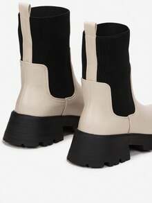 Botas de cano alto elásticas, modernas, casuais, minimalistas, com blocos de cores para uso diário - Bege - Ver 5